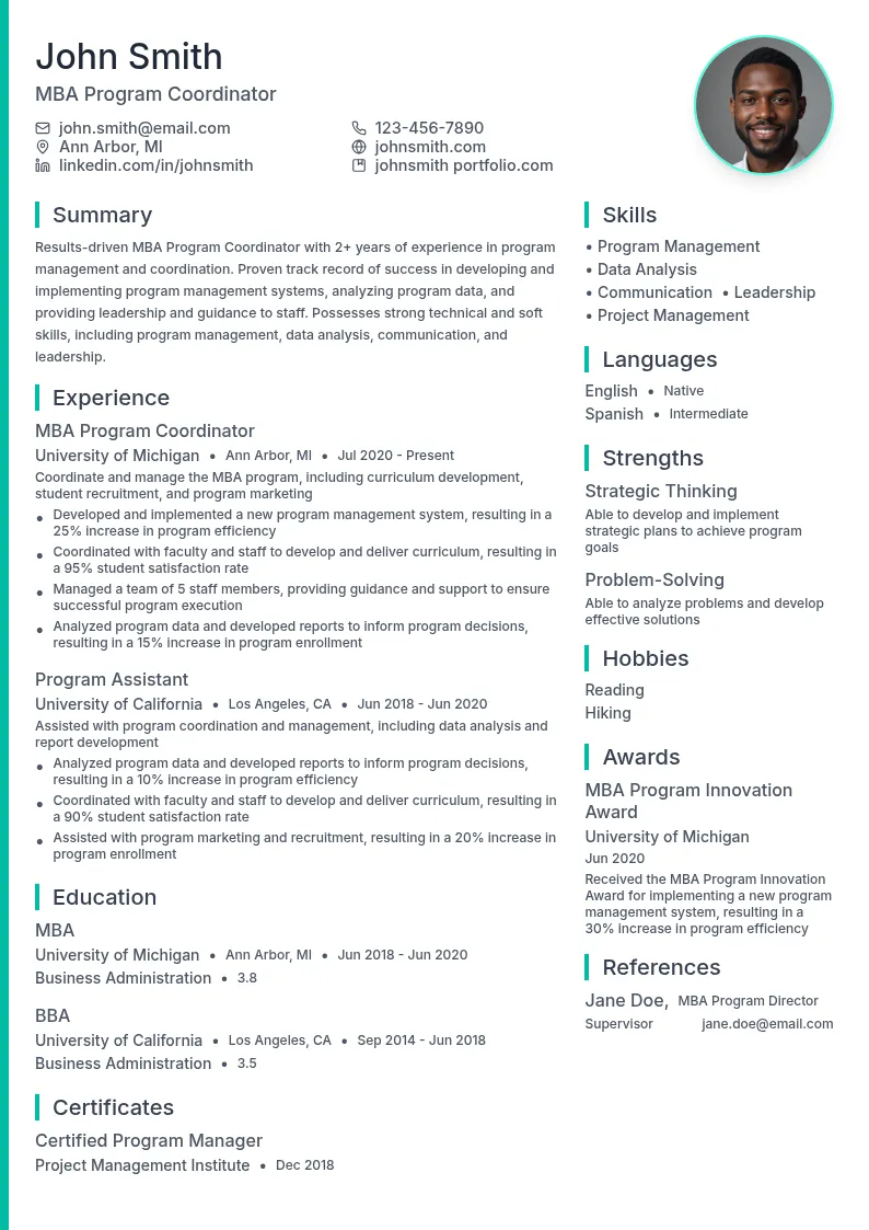 MBA Program Coordinator resume example