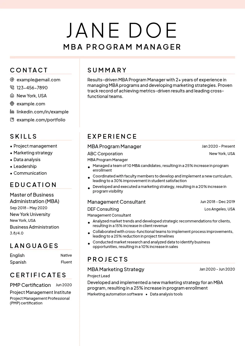 MBA Program Manager resume example