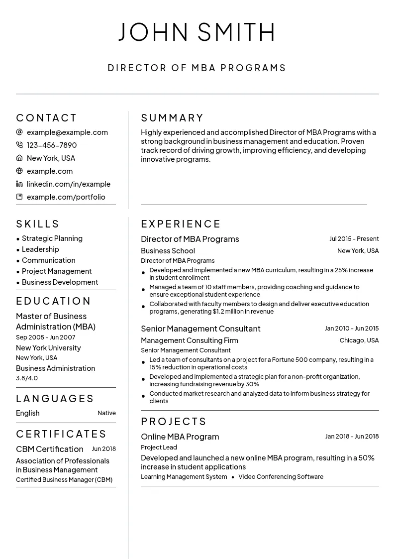 Director of MBA Programs resume example