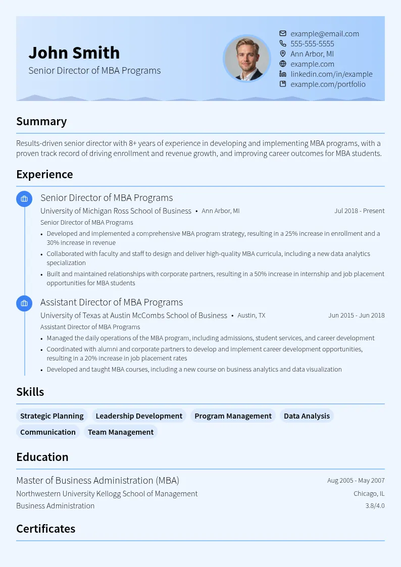 Senior Director of MBA Programs resume example
