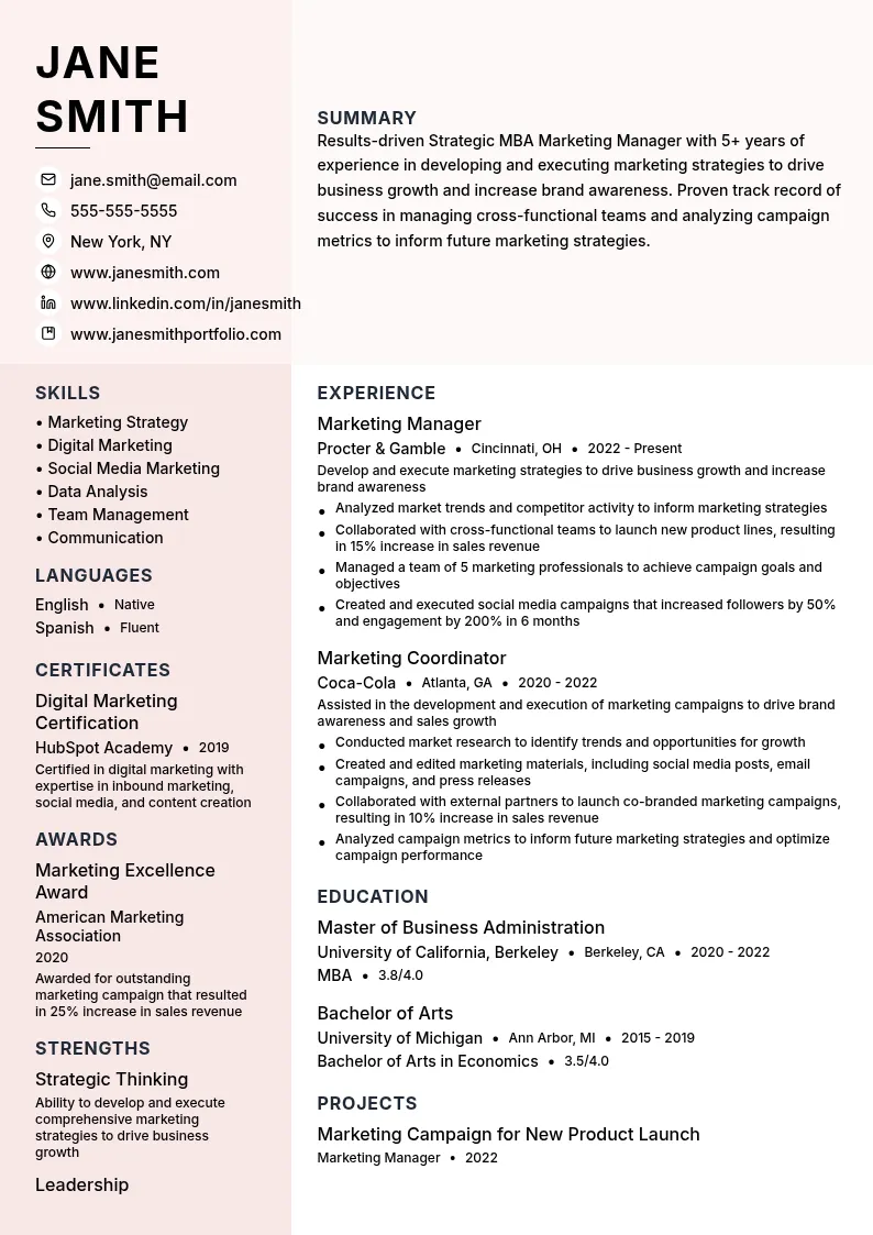 Strategic MBA Marketing Manager resume example