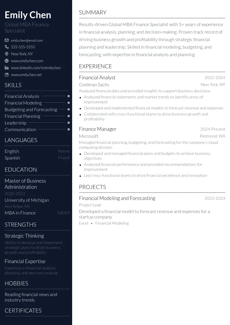 Global MBA Finance Specialist resume example
