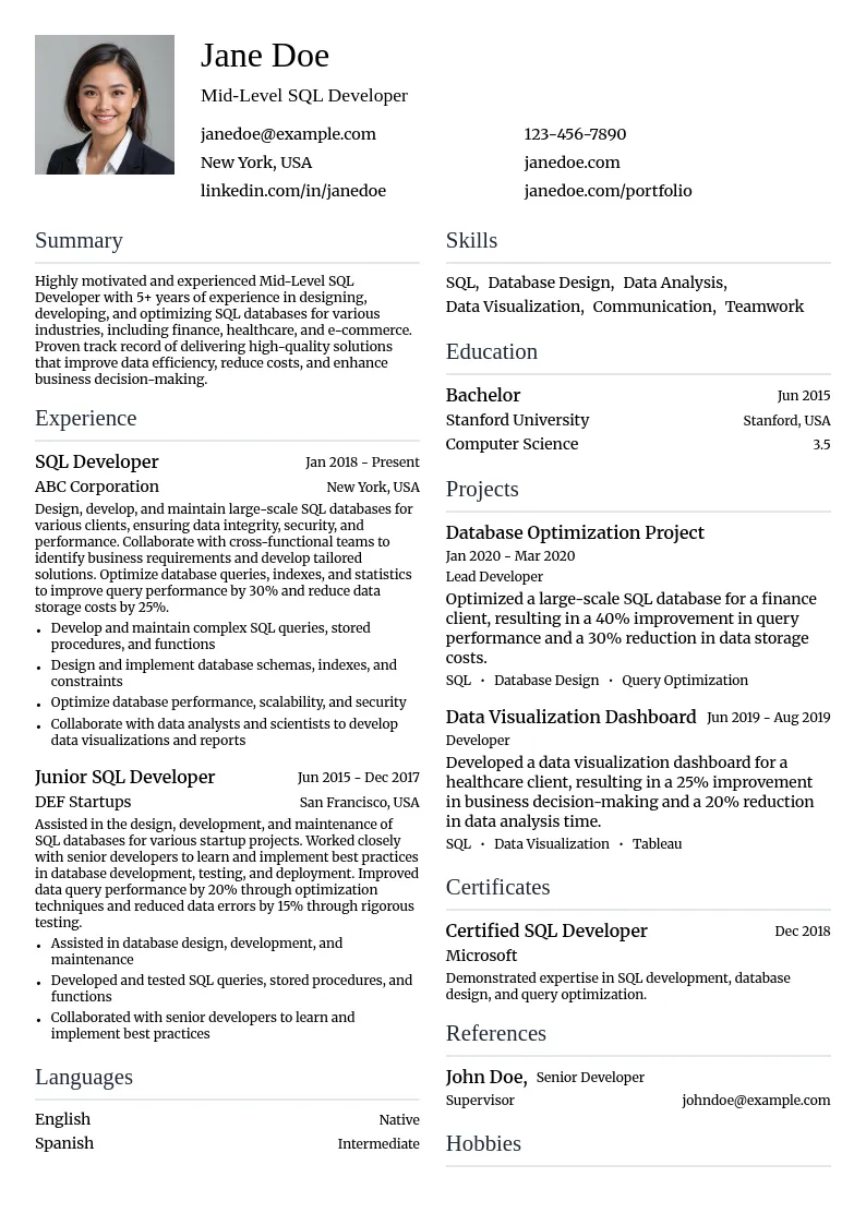 Mid-Level SQL Developer resume example