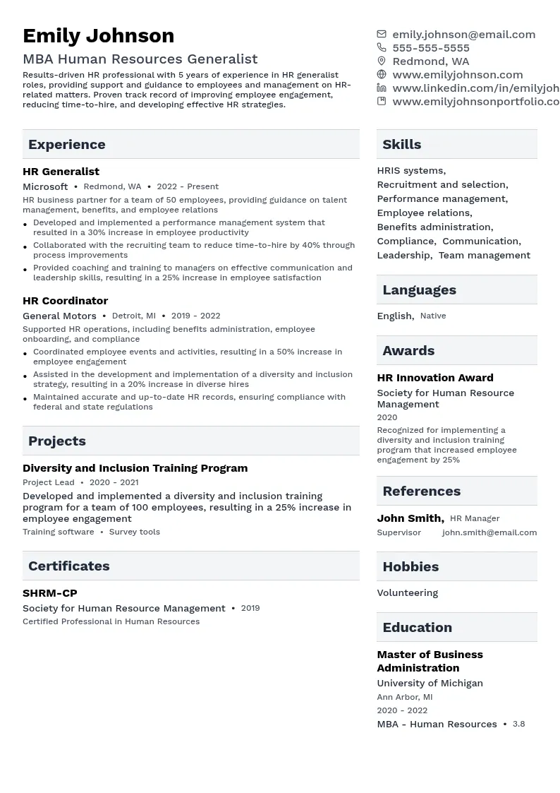 MBA Human Resources Generalist resume example