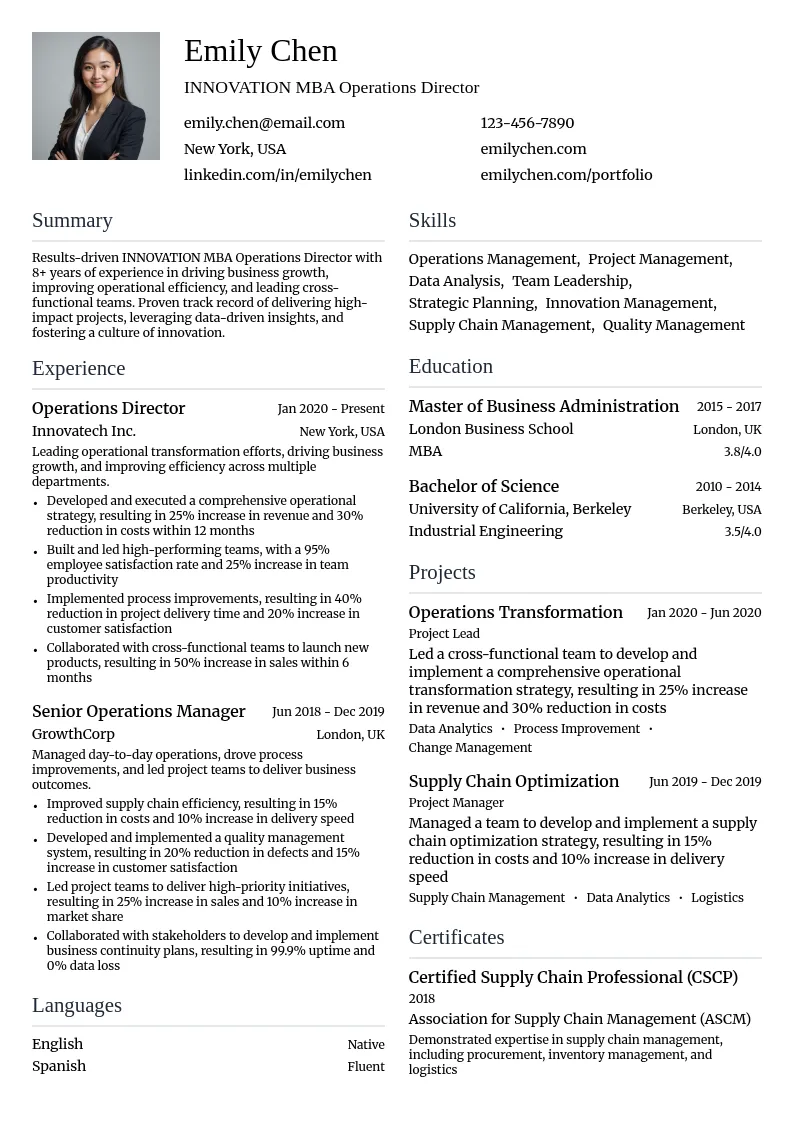 INNOVATION MBA Operations Director resume example