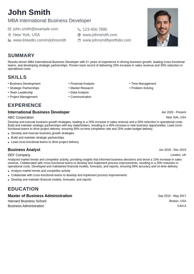 MBA International Business Developer resume example