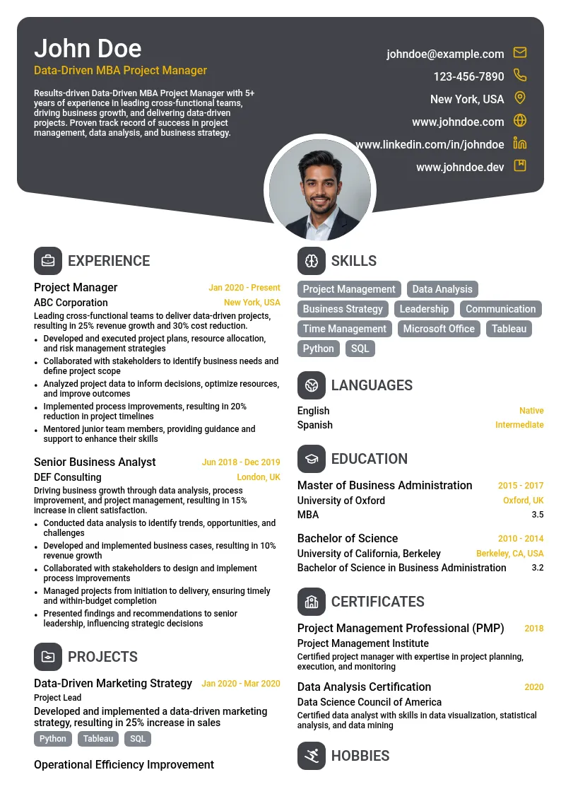 Data-Driven MBA Project Manager resume example