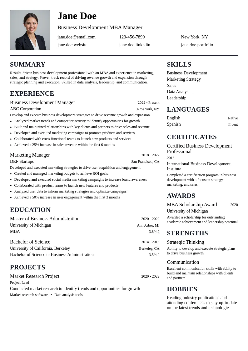 Business Development MBA Manager resume example