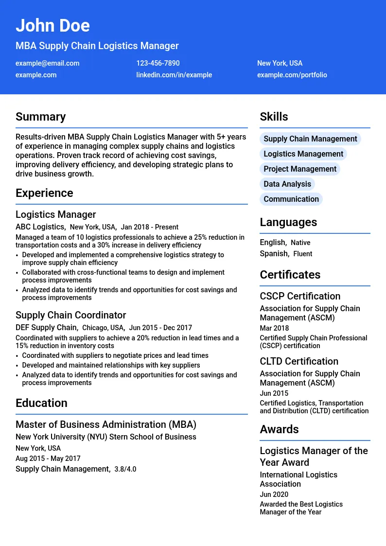 MBA Supply Chain Logistics Manager resume example