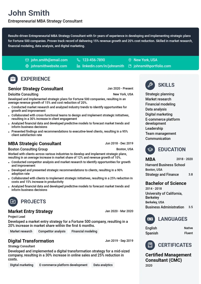 Entrepreneurial MBA Strategy Consultant resume example