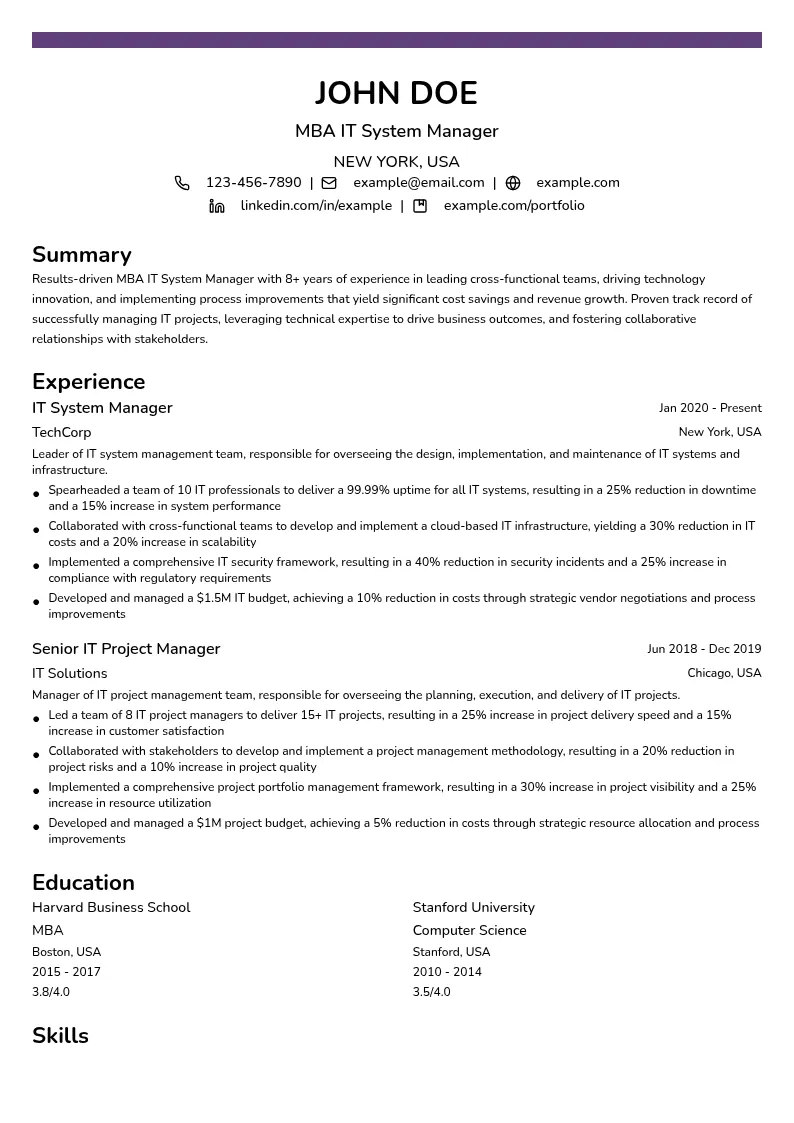 MBA IT System Manager resume example