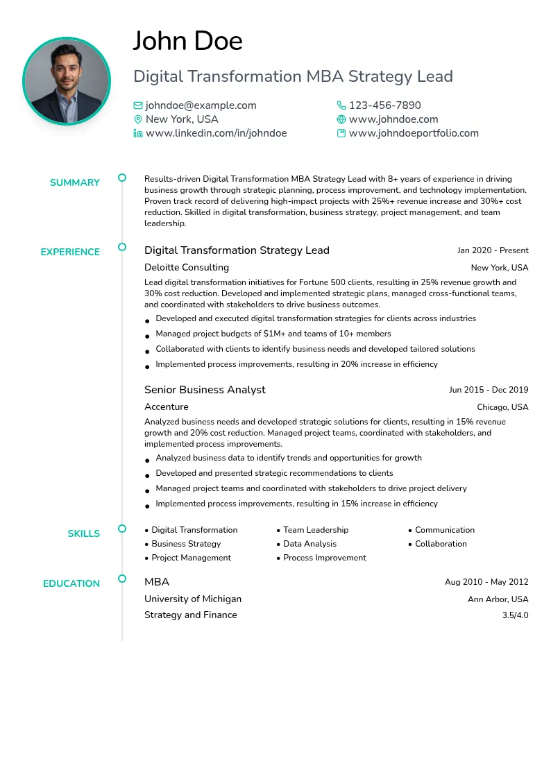 Digital Transformation MBA Strategy Lead resume example