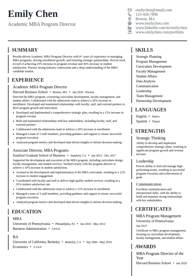 Academic MBA Program Director resume example