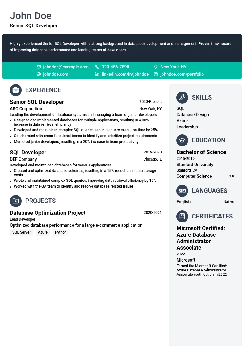 Senior SQL Developer resume example