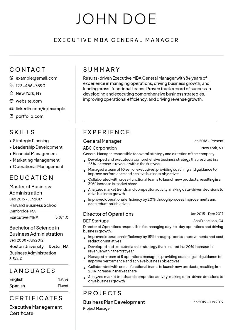 Executive MBA General Manager resume example