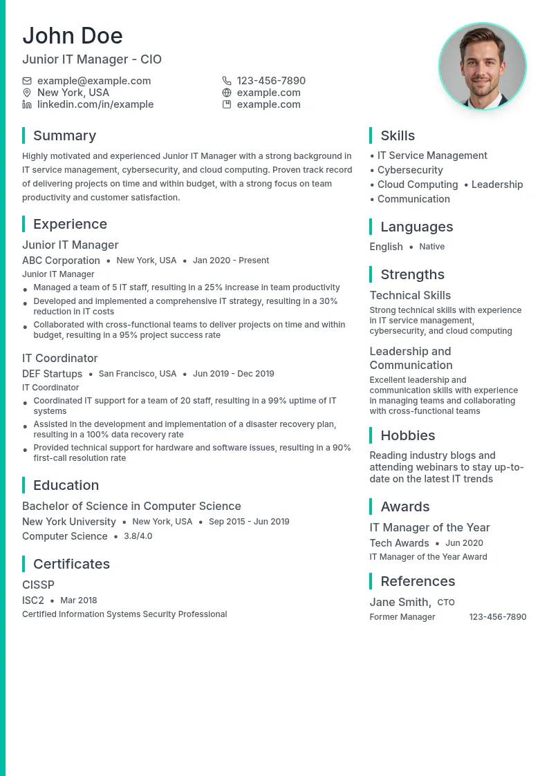 Junior IT Manager - CIO resume example