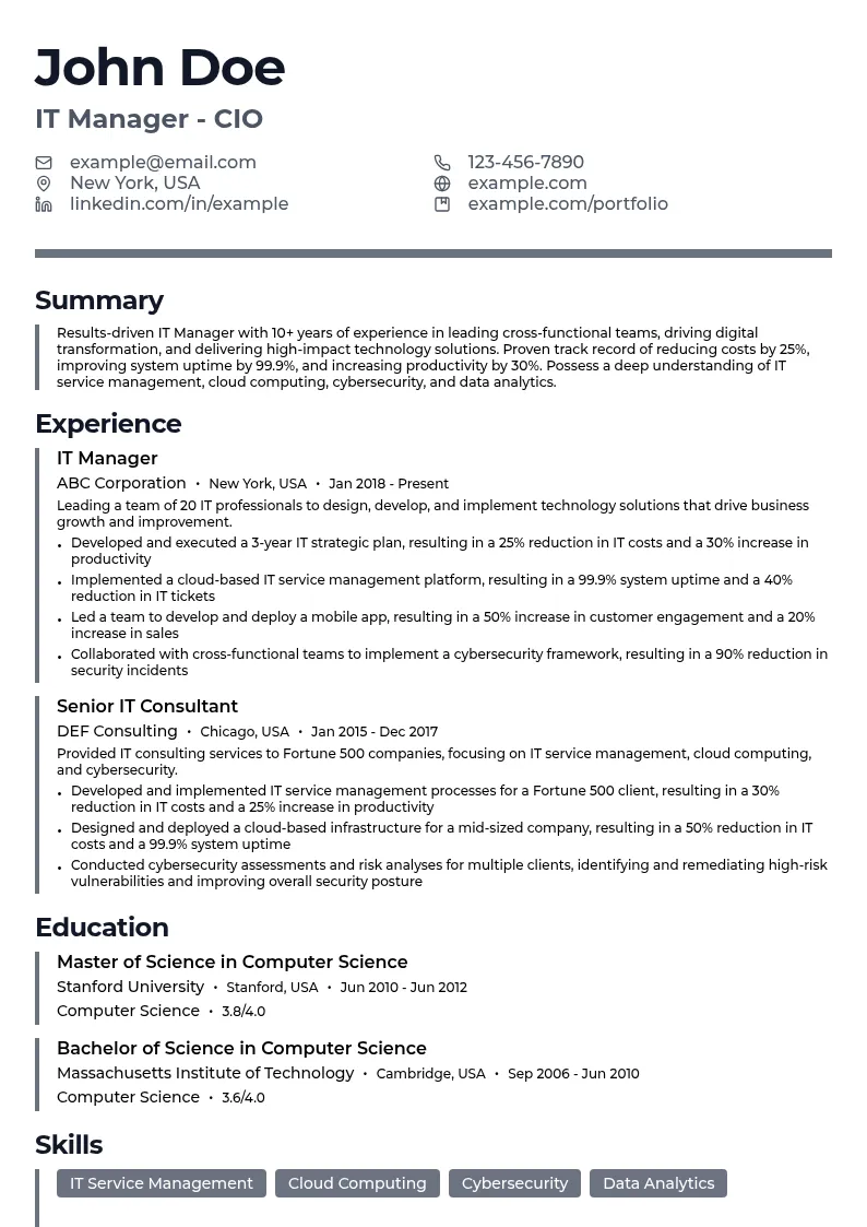 IT Manager - CIO resume example