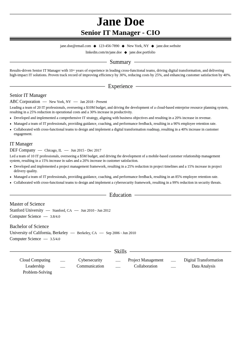 Senior IT Manager - CIO resume example