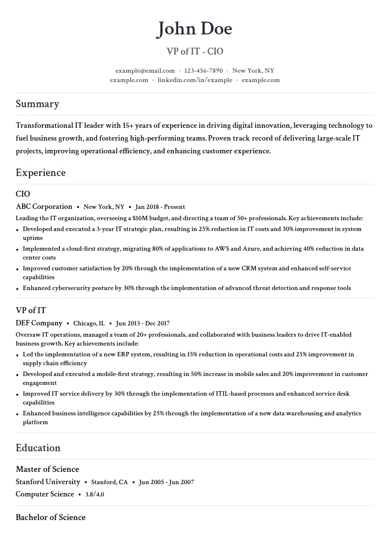 VP of IT - CIO resume example