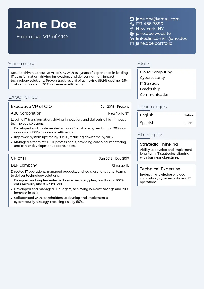 Executive VP of CIO resume example