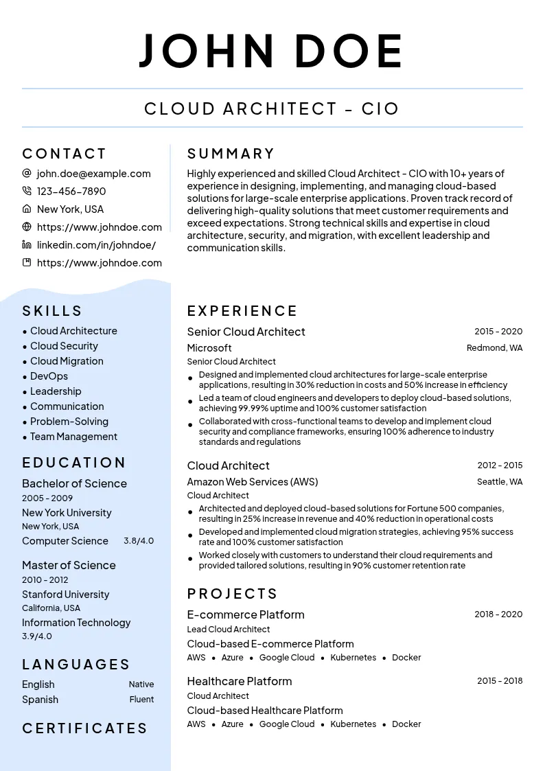 Cloud Architect - CIO resume example