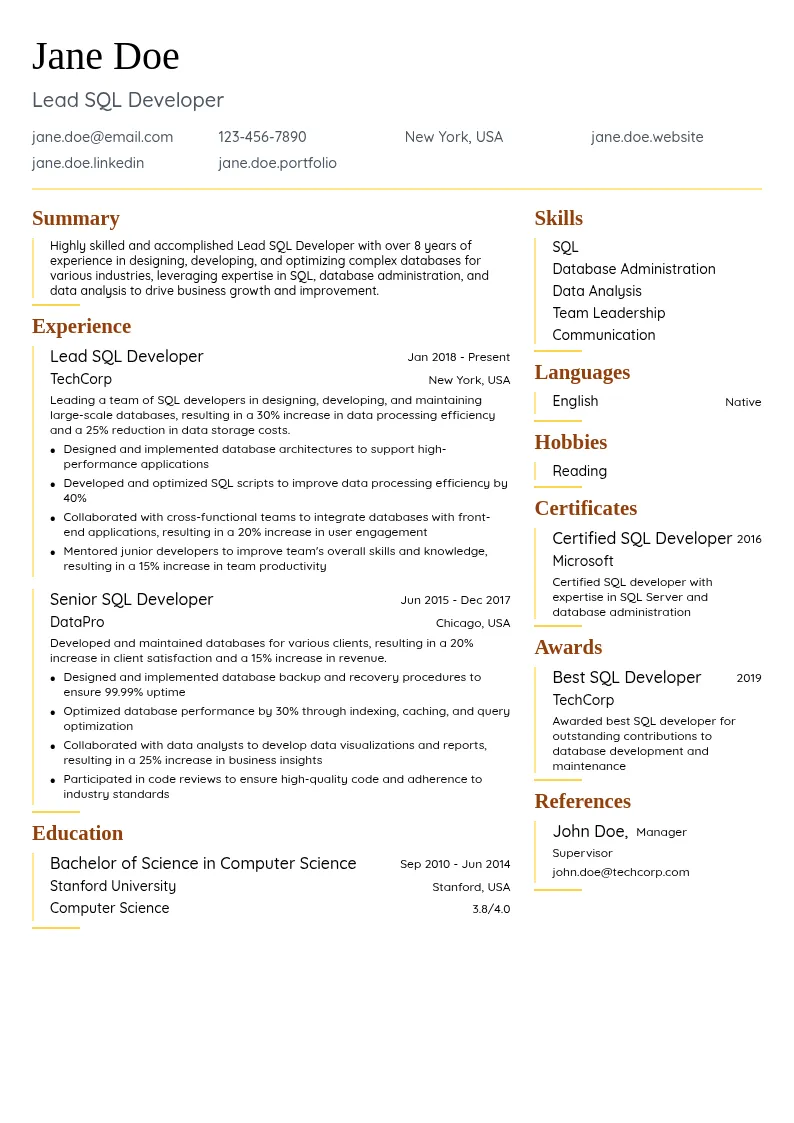 Lead SQL Developer resume example