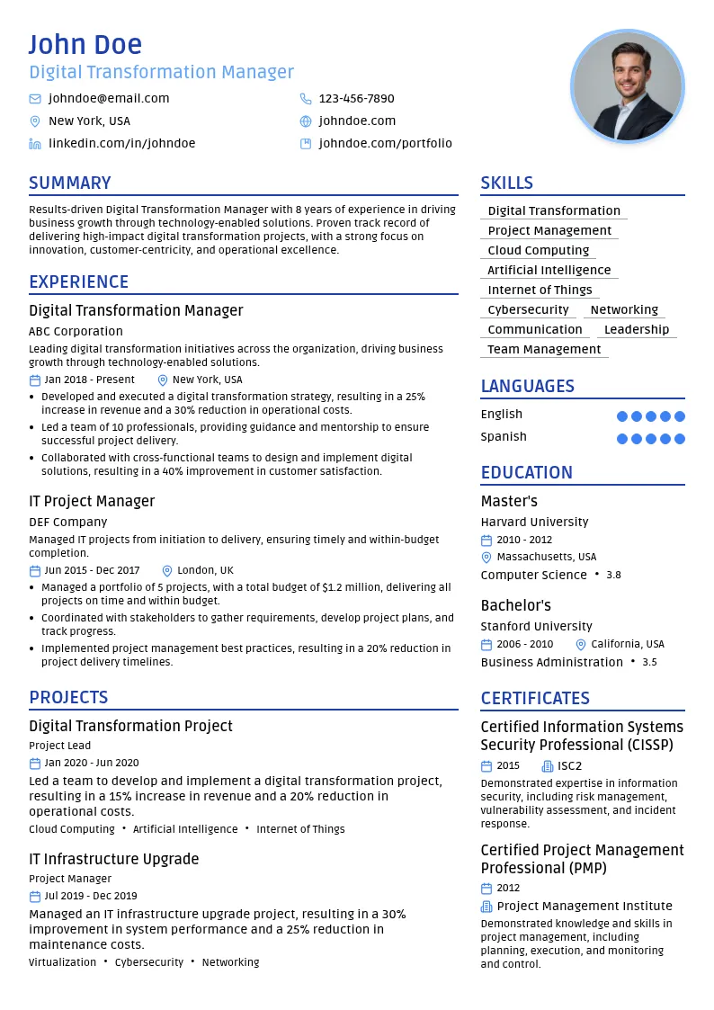 Digital Transformation Manager - CIO resume example