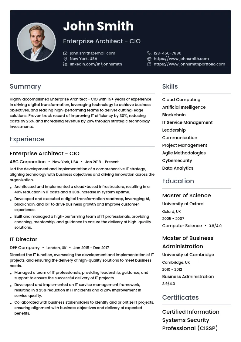 Enterprise Architect - CIO resume example
