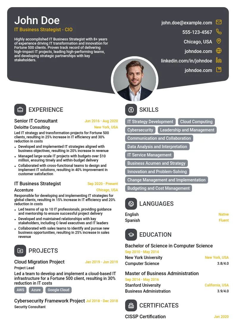 IT Business Strategist - CIO resume example