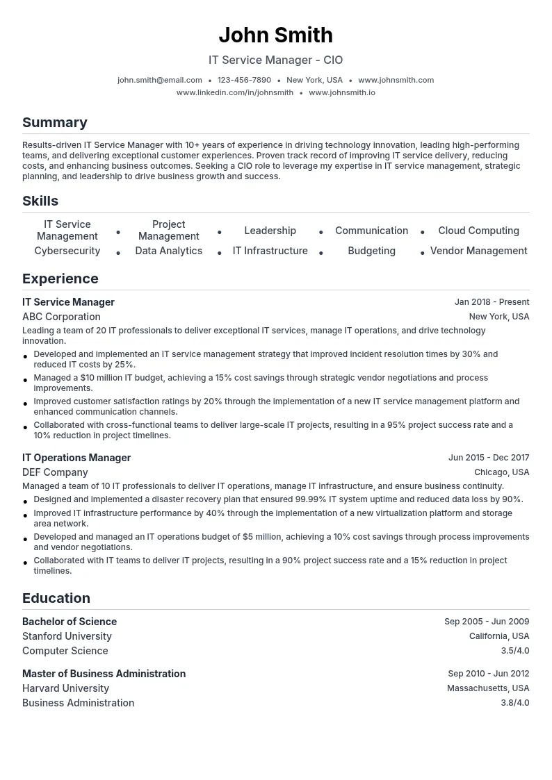 IT Service Manager - CIO resume example