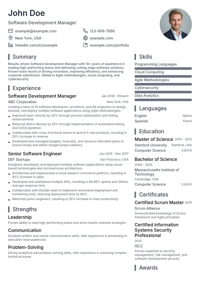 Software Development Manager - CIO resume example