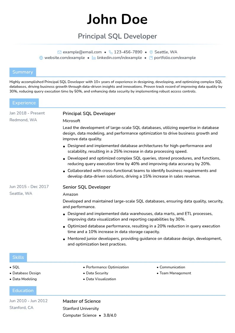 Principal SQL Developer resume example