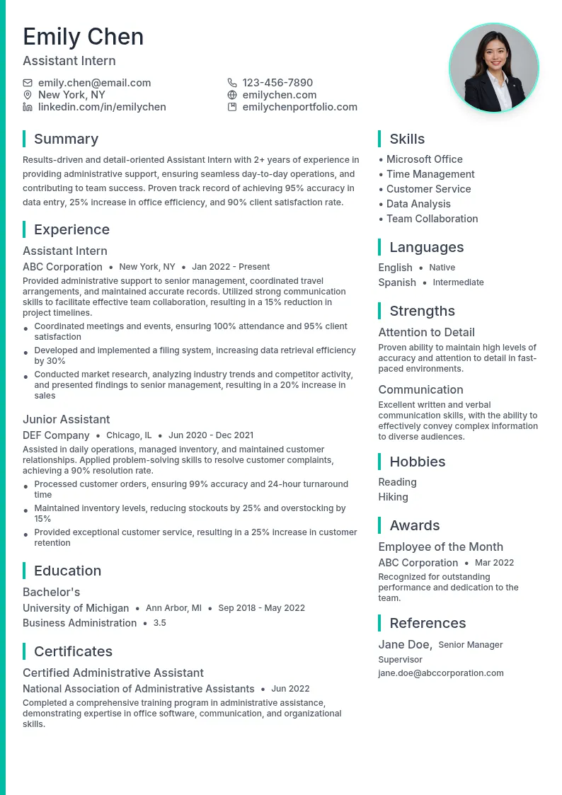Assistant Intern resume example
