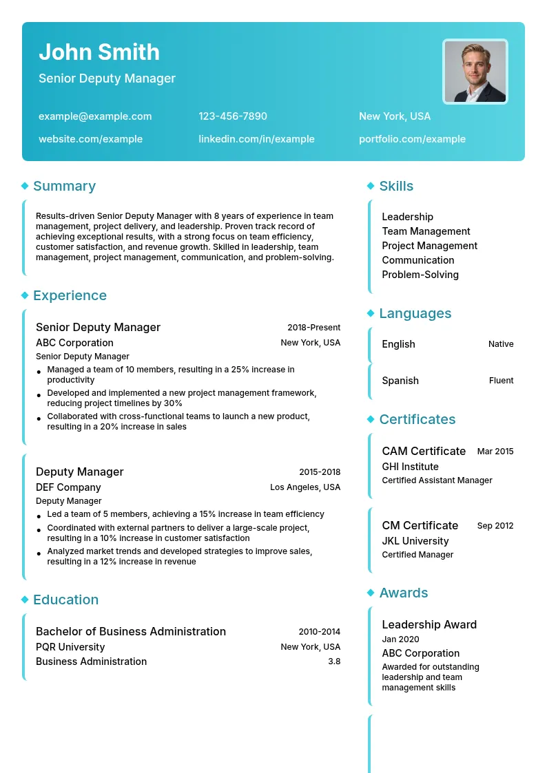 Senior Deputy Manager resume example
