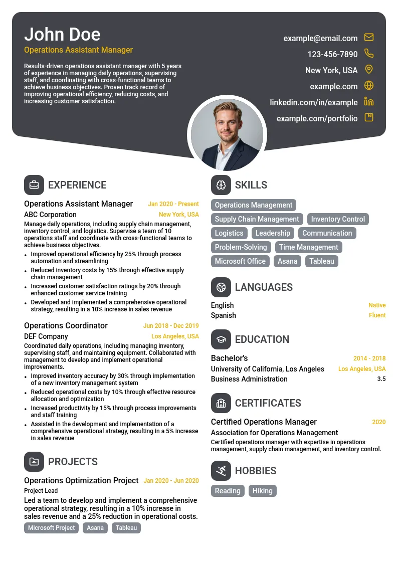 Operations Assistant Manager resume example
