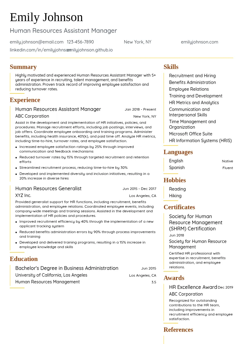 Human Resources Assistant Manager resume example