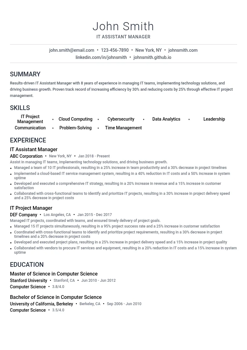 IT Assistant Manager resume example