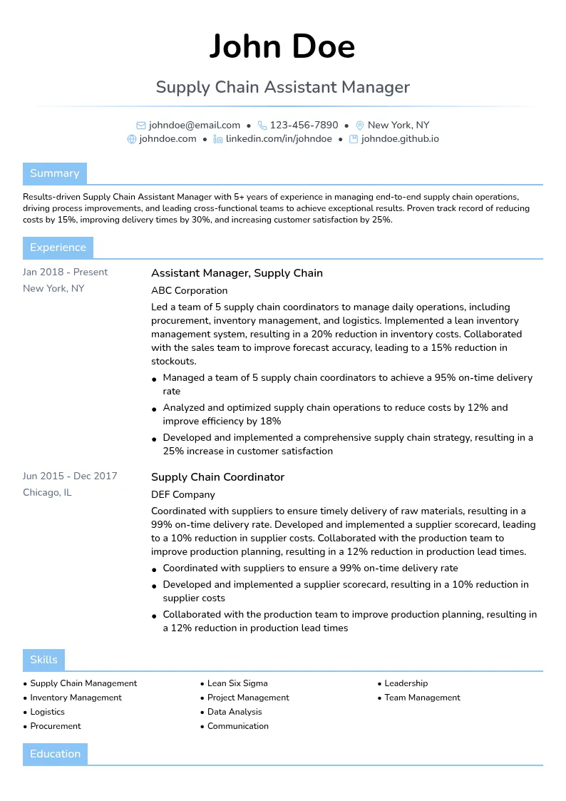 Supply Chain Assistant Manager resume example