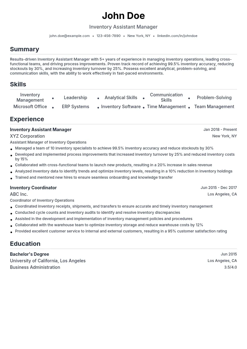 Inventory Assistant Manager resume example