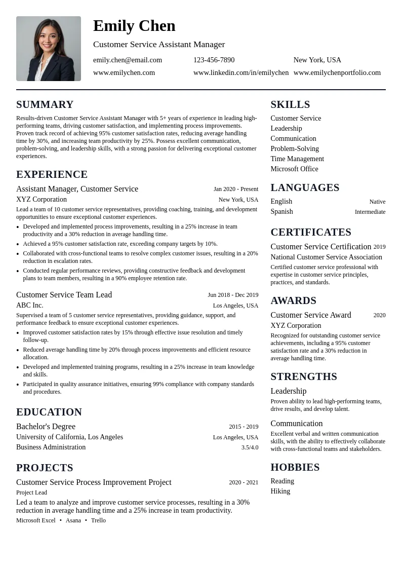 Customer Service Assistant Manager resume example