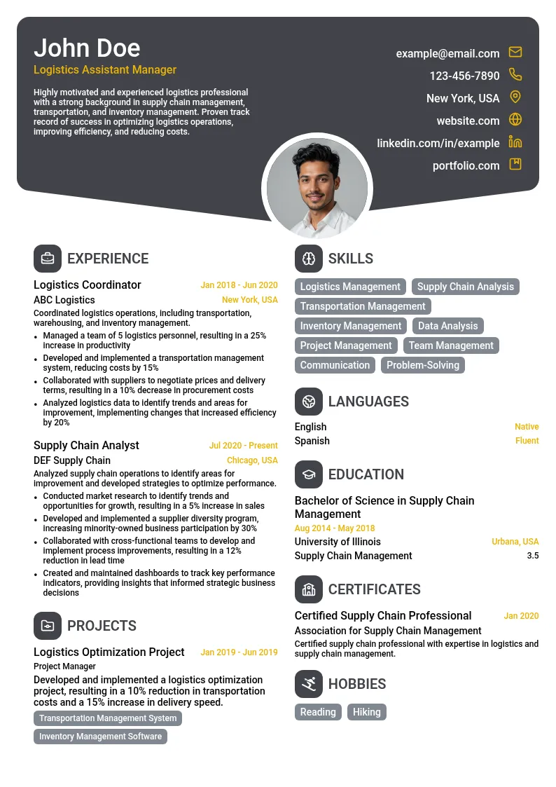 Logistics Assistant Manager resume example