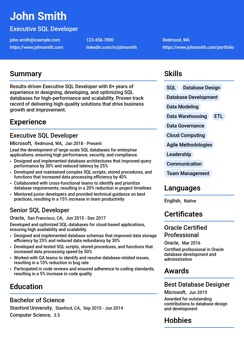 Executive SQL Developer resume example