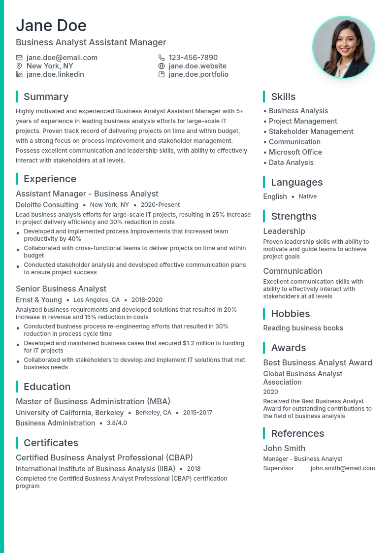 Business Analyst Assistant Manager resume example