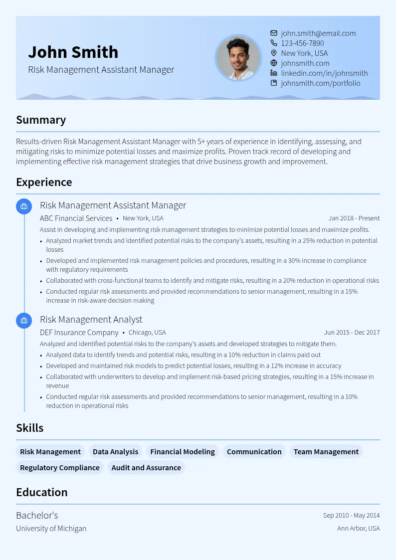 Risk Management Assistant Manager resume example