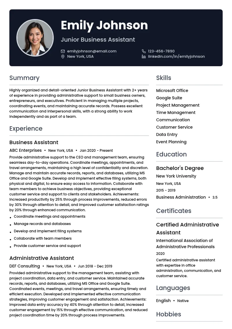 Junior Business Assistant resume example