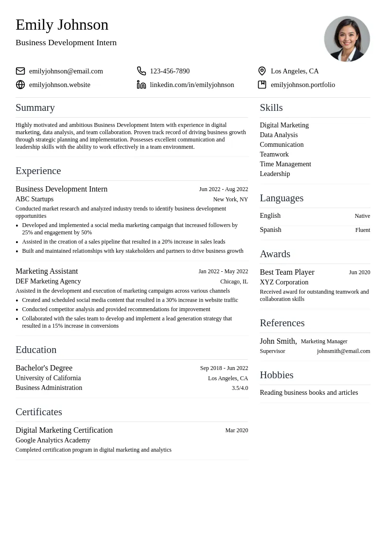 Business Development Intern resume example