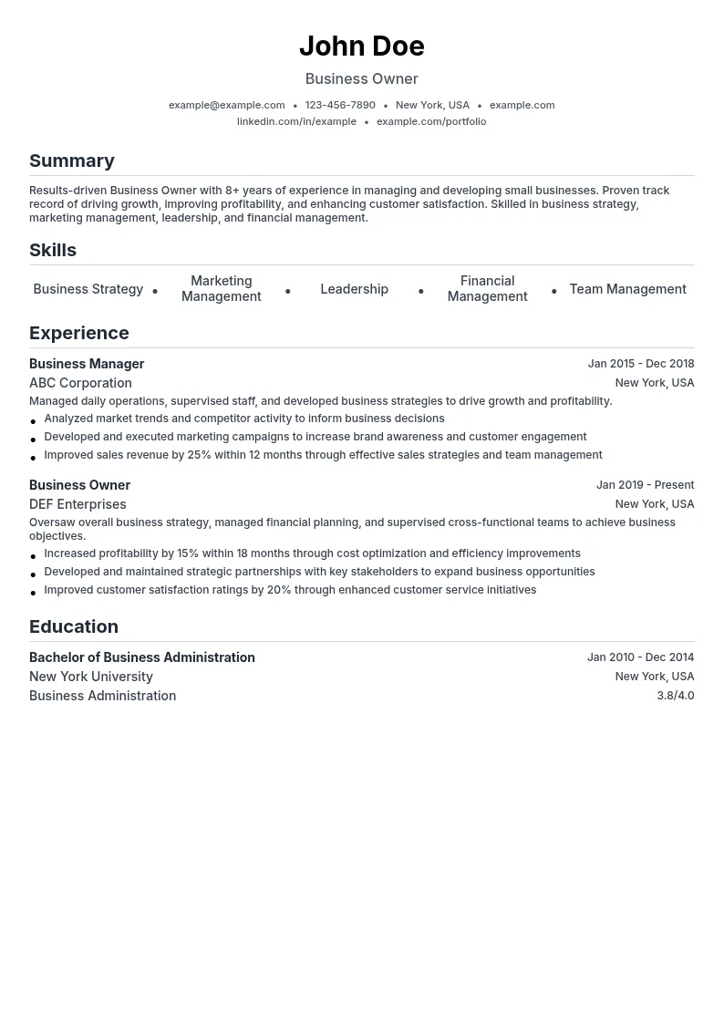 Business Owner resume example