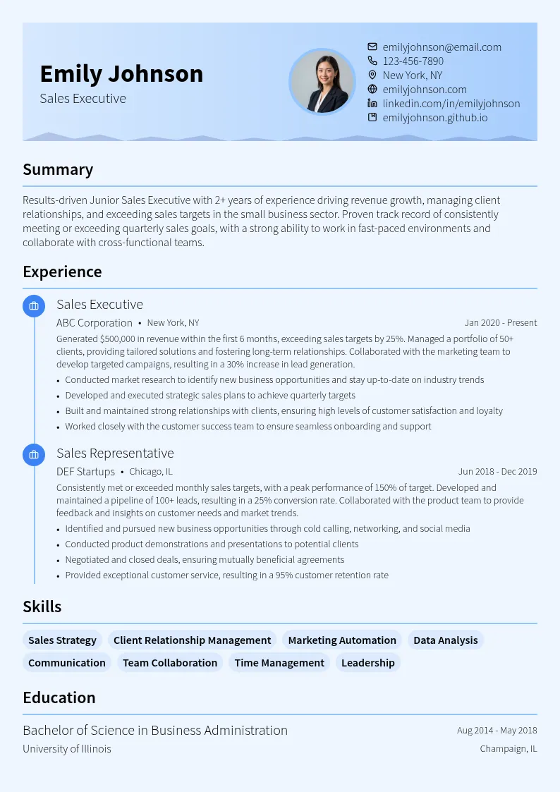 Junior Sales Executive resume example