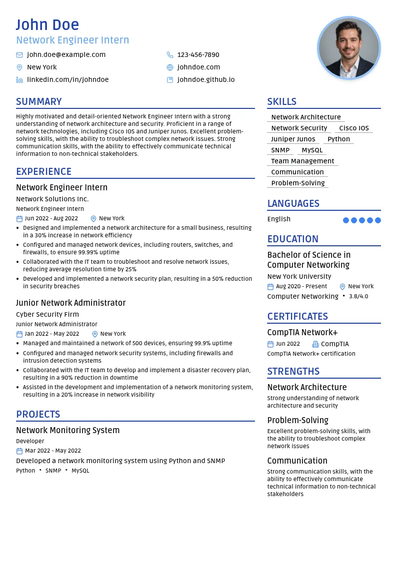 Network Engineer Intern resume example