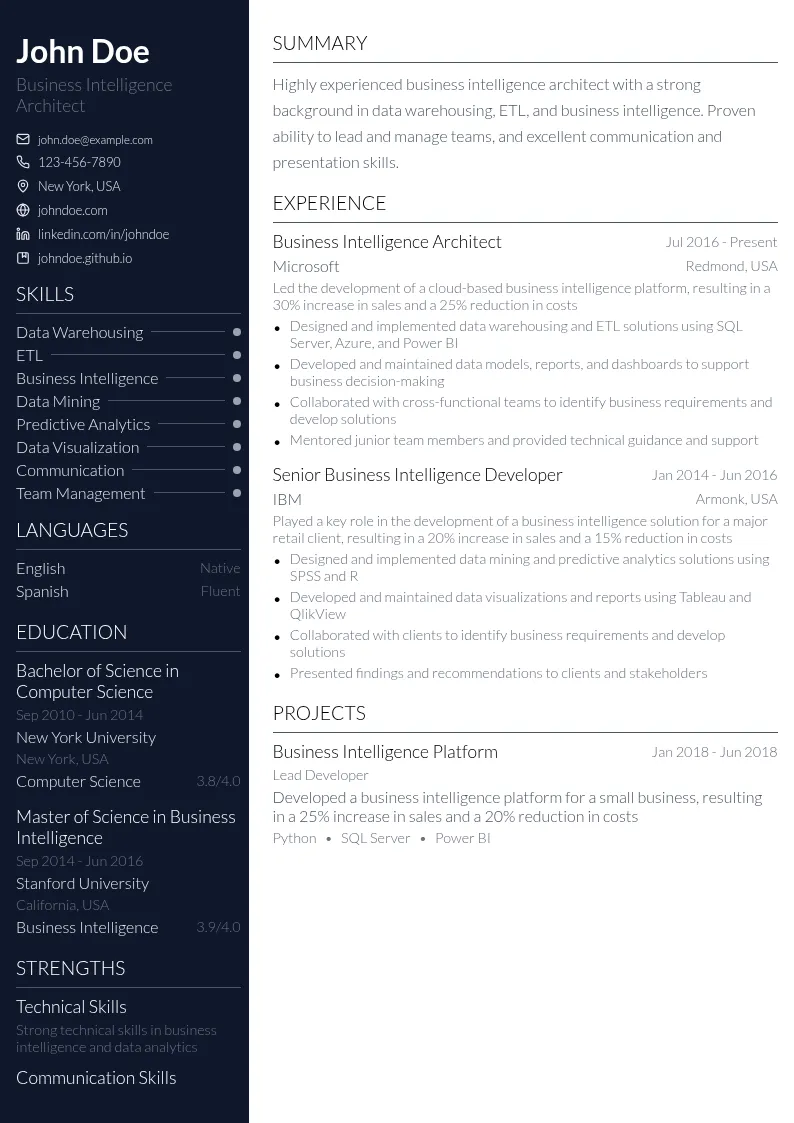 Business Intelligence Architect resume example
